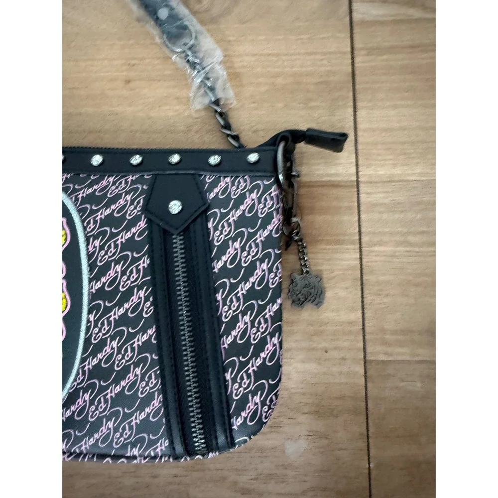 Ed Hardy Black Pink Flaming Skull Logo Shoulder Bag Y2K New